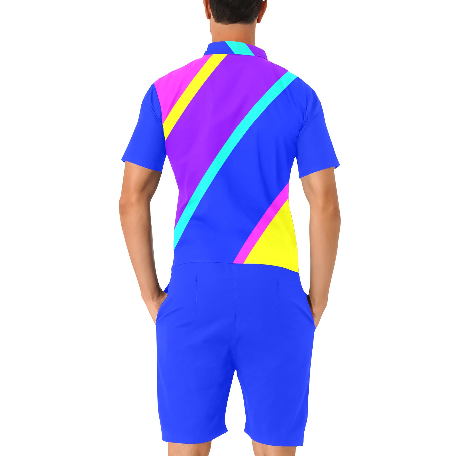 Bright Neon Colors Diagonal Blue Men's Short Sleeve Jumpsuit