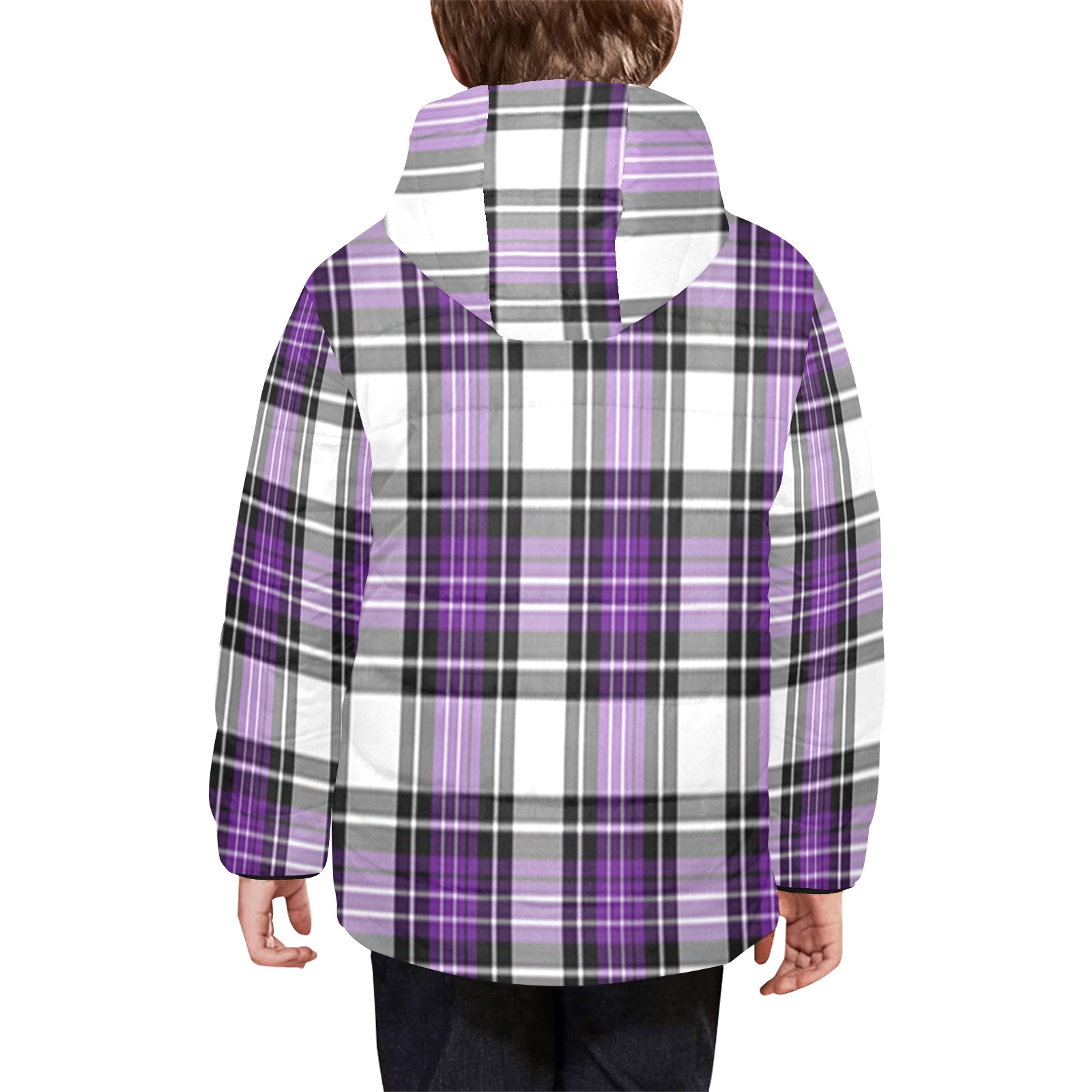 Purple Black Plaid Kids' Padded Hooded Jacket (Model H45)