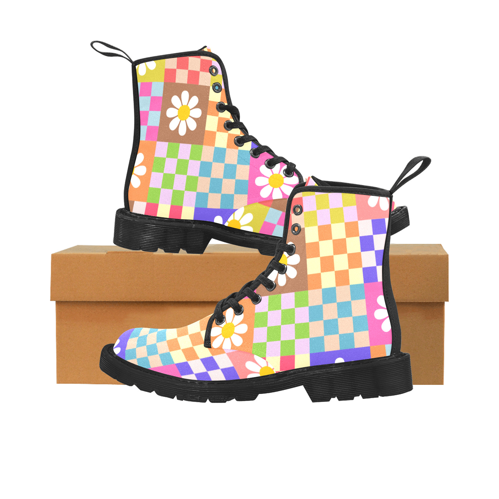 Mid Century Geometric Checkered Retro Floral Daisy Flower Pattern Martin Boots for Women (Black) (Model 1203H)