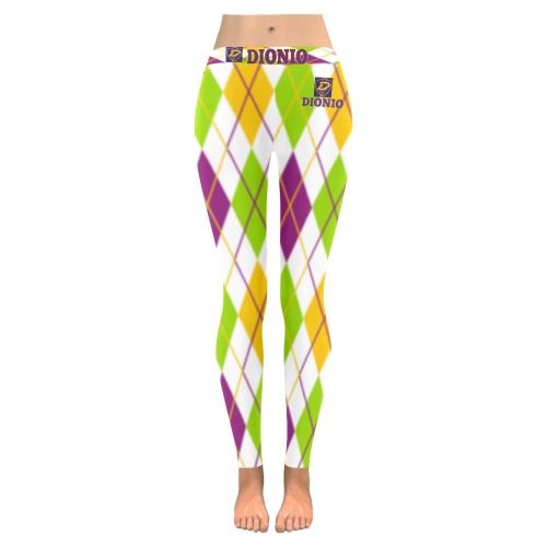 DIONIO Clothing - Ladies' White,Neon,Purple & Gold Argyle Leggings Women's Low Rise Leggings (Invisible Stitch) (Model L05)