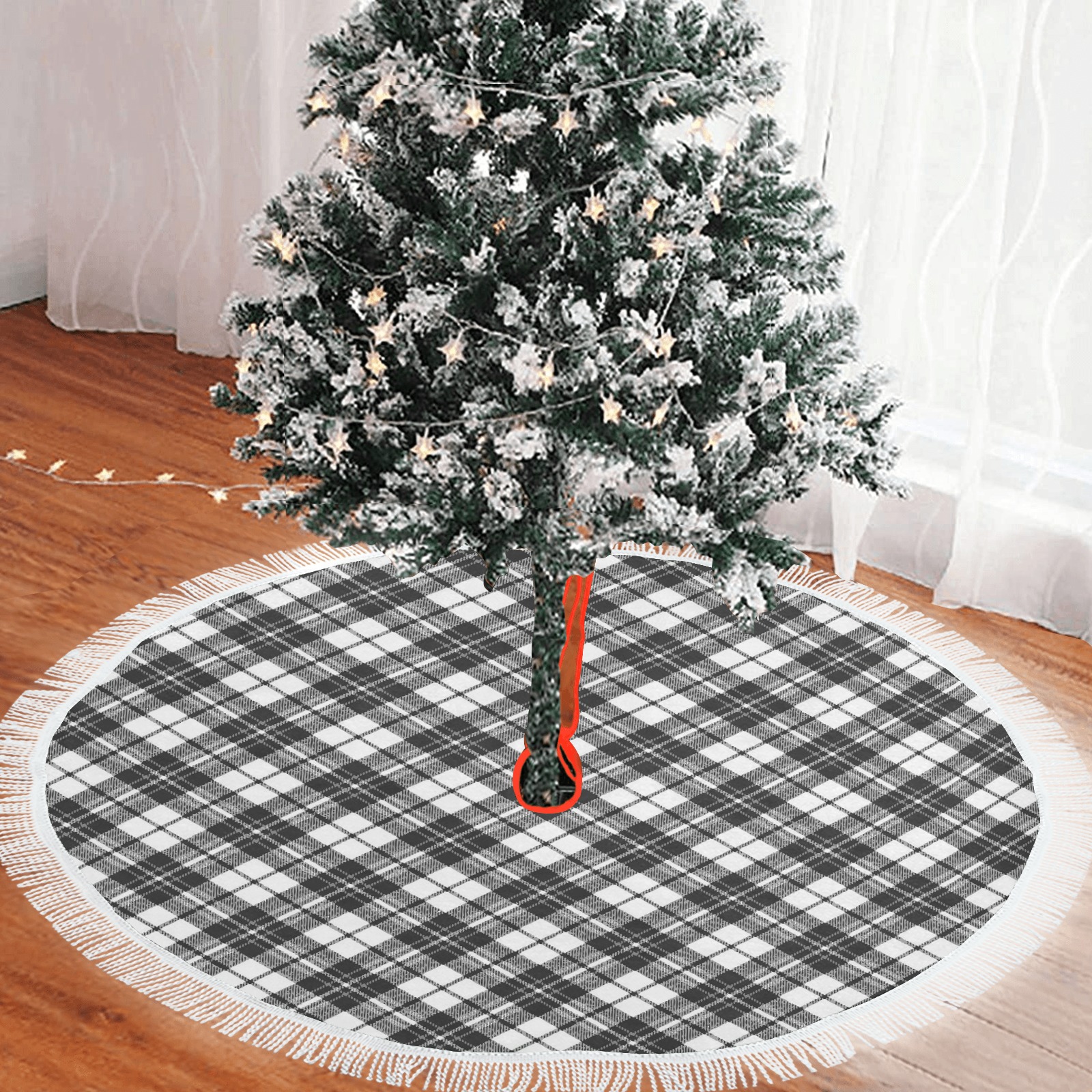 Tartan black white pattern holidays Christmas xmas elegant lines geometric cool fun classic elegance Thick Fringe Christmas Tree Skirt 60"x60"