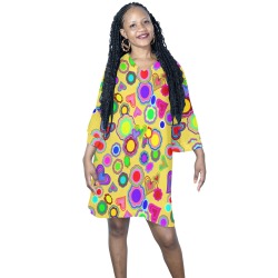 Groovy Hearts and Flowers Yellow Half Sleeves V-Neck Mini Dress (Model D63)