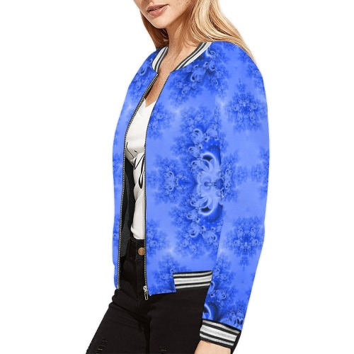 Blue Sky over the Bluebells Frost Fractal All Over Print Bomber Jacket for Women (Model H21)