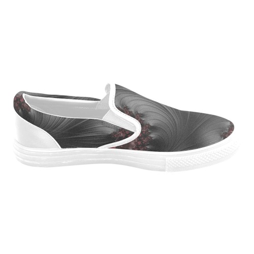 Black and Maroon Fern Fronds Fractal Abstract Women's Unusual Slip-on Canvas Shoes (Model 019)