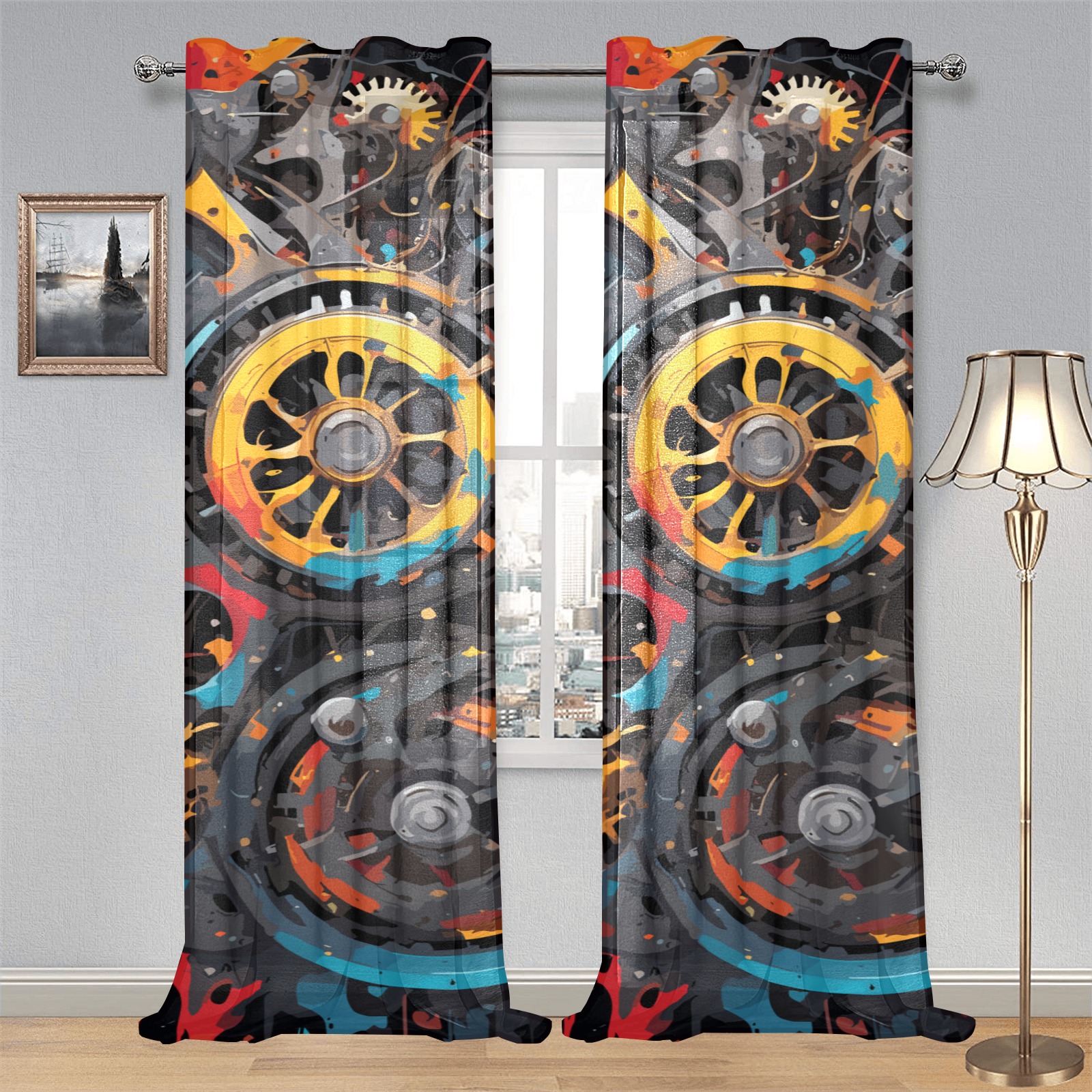 Charming abstract art of a fantasy engine on black Gauze Curtain 28"x95" (Two-Piece)