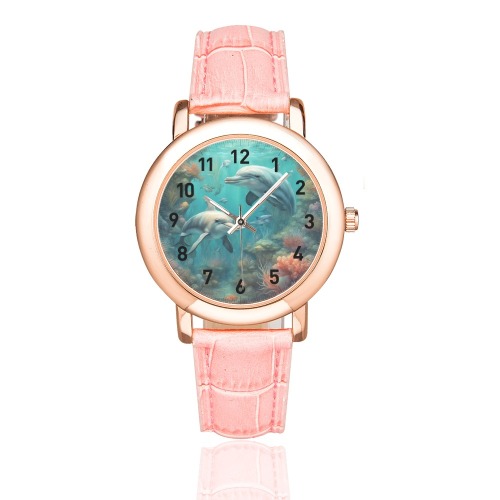 Dolphin Fantasy 7 Women's Rose Gold Leather Strap Watch(Model 201)