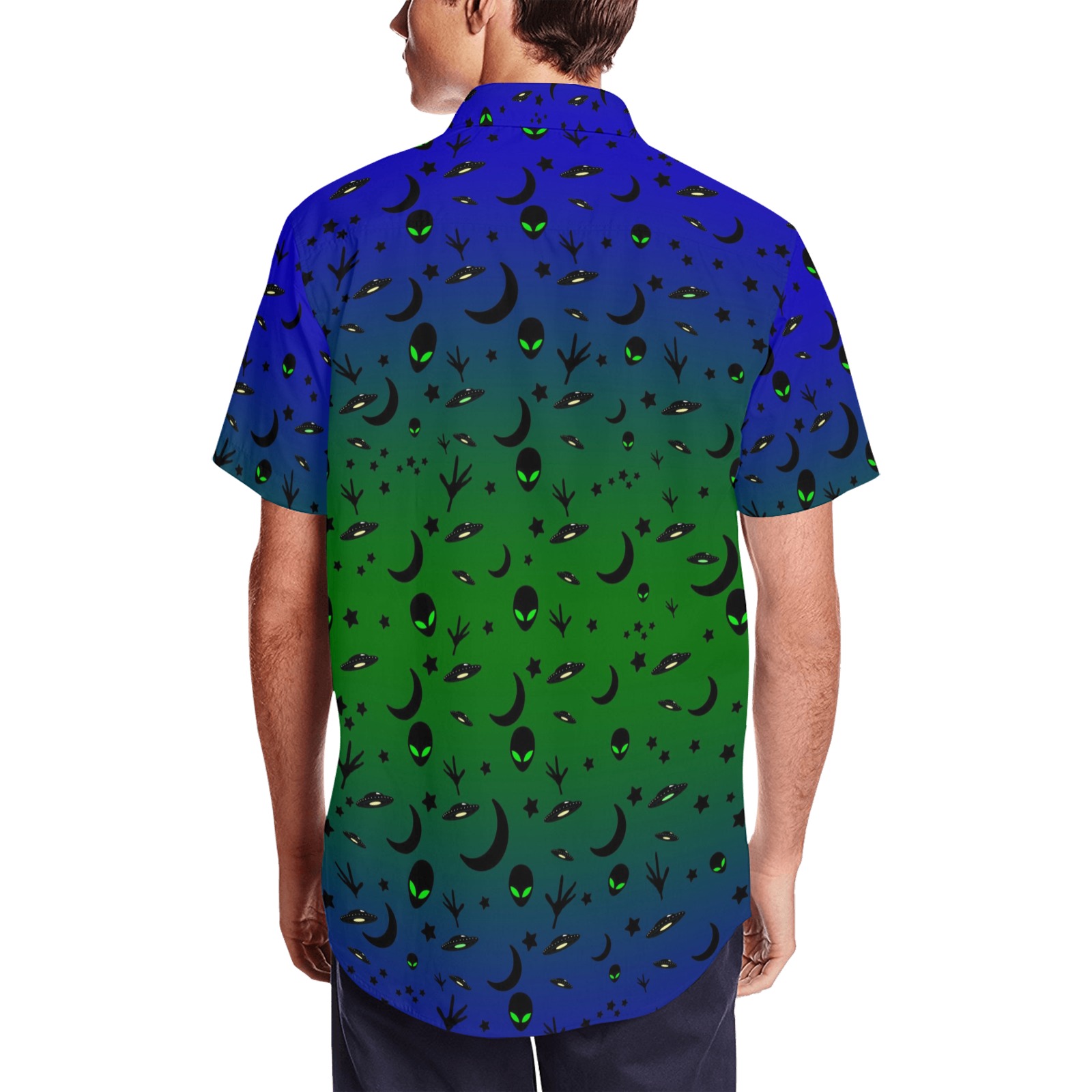Aliens and Spaceships Blue and Green Men's Short Sleeve Shirt with Lapel Collar (Model T54)