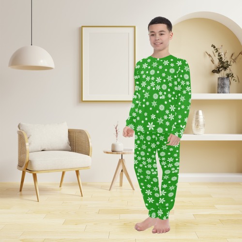 Christmas White Snowflakes on Green Big Boys' Crew Neck Long Pajama Set