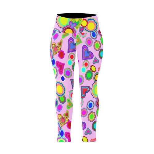 Groovy Hearts and Flowers Pink Women's Extra Plus Size High Waist Leggings (Model L45)