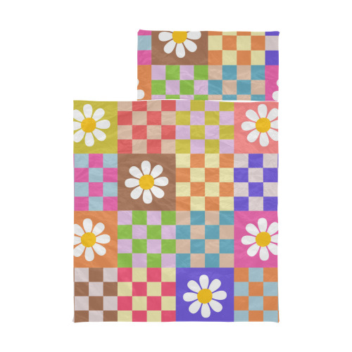 Mid Century Geometric Checkered Retro Floral Daisy Flower Pattern Kids' Sleeping Bag