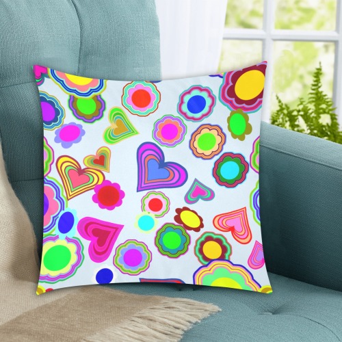 Groovy Hearts Flowers Pattern Blue Custom Zippered Pillow Cases 18"x18" (Two Sides)