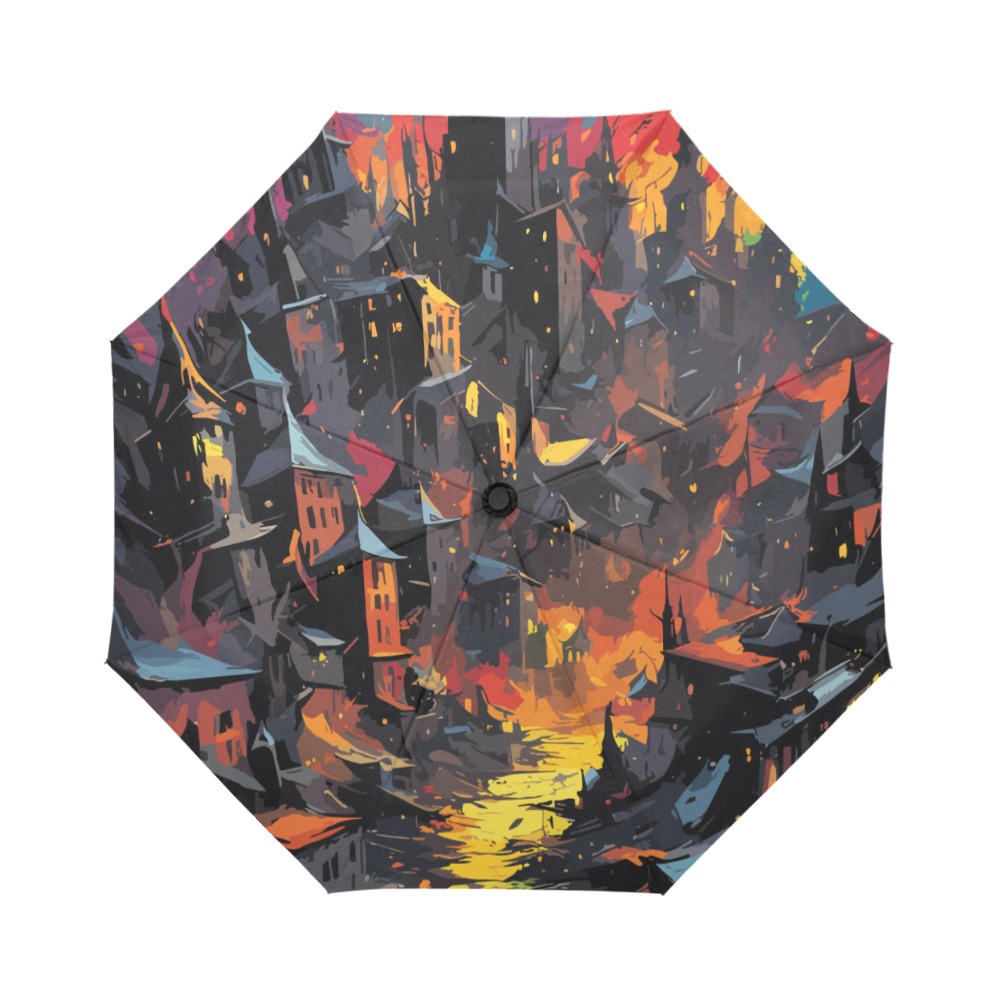 Dark fantasy city. Buildings and colors on black Auto-Foldable Umbrella (Model U04)