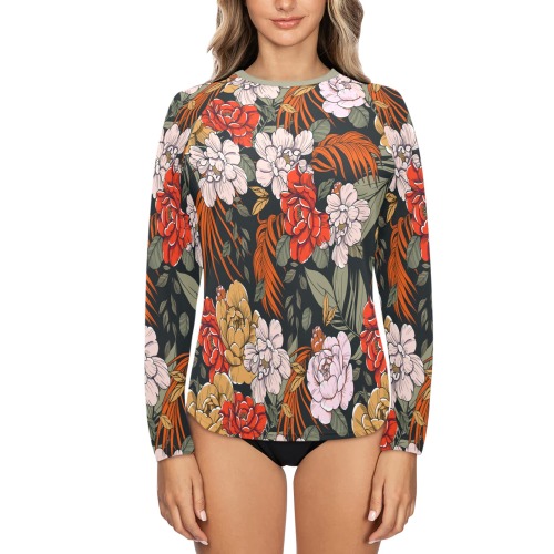 Dark garden exotic flowers 7SP Women's Long Sleeve Swim Shirt (Model S39)