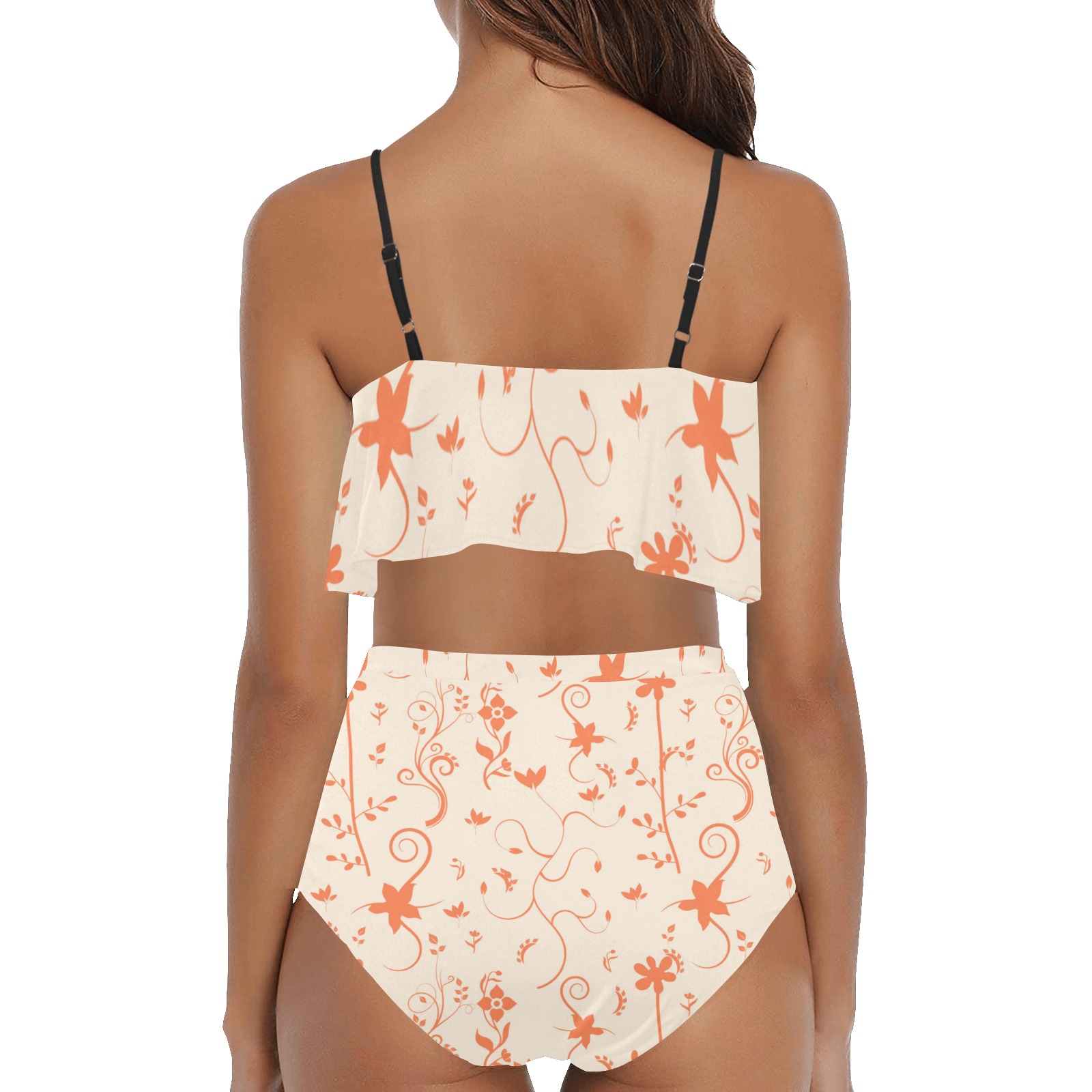 Living Coral Floral Pattern High Waisted Ruffle Bikini Set (Model S13)