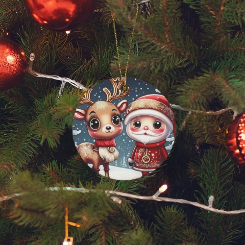 Santa and Reindeer 3 inch Round Ceramic Ornament
