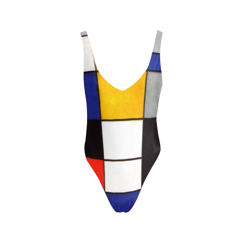 Composition A by Piet Mondrian Sexy Low Back One-Piece Swimsuit (Model S09)