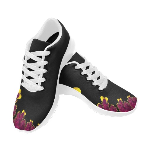 Purple Mauve and Yellow Fringe on Black Fractal Abstract Women’s Running Shoes (Model 020)