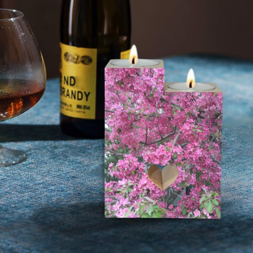 Pink Crabapple Blossoms Wooden Candle Holder (Without Candle)