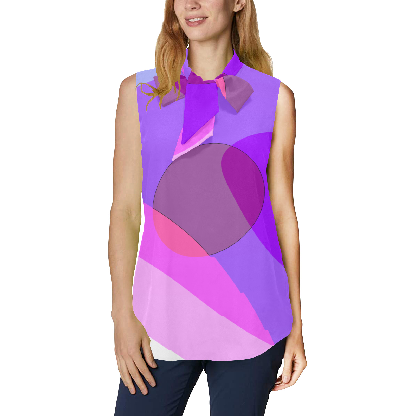 Purple Retro Groovy Abstract 409 Women's Bow Tie V-Neck Sleeveless Shirt (Model T69)