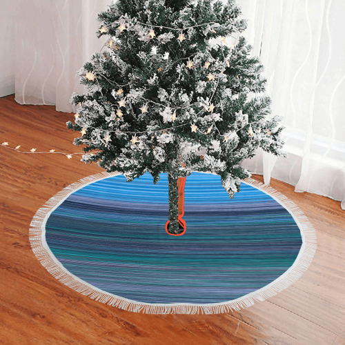 Abstract Blue Horizontal Stripes Thick Fringe Christmas Tree Skirt 48"x48"