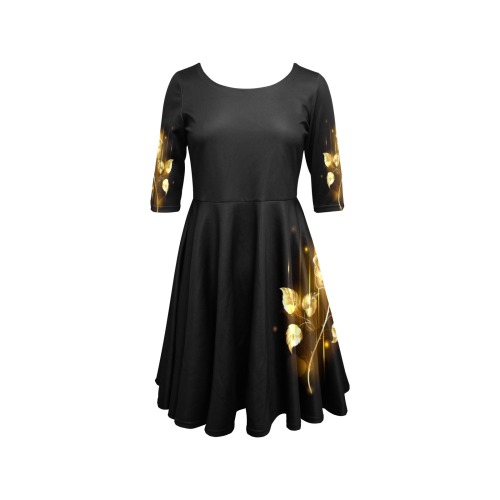 Shiny Golden Rose Pattern Half Sleeve Skater Dress (Model D61)