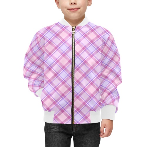 Pastel Baby Girl Plaid Kids' Bomber Jacket with Pockets (Model H40)