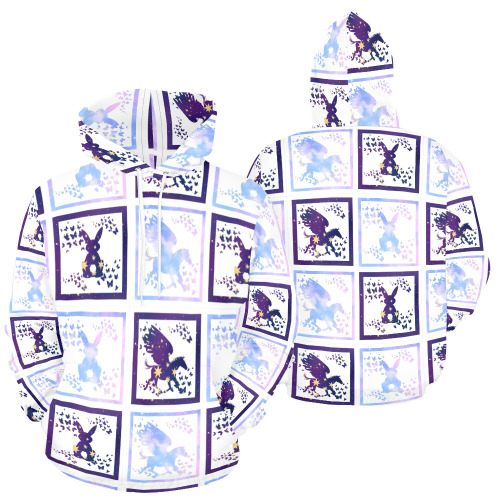Bunny and Pegasus Together in Blue Patchwork Design All Over Print Hoodie for Women (USA Size) (Model H13)