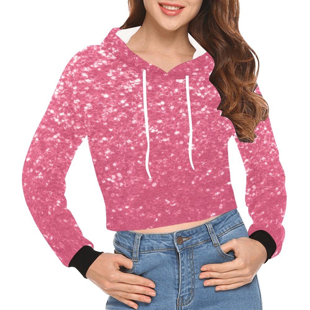 Magenta light pink red faux sparkles glitter All Over Print Crop Hoodie for Women (Model H22)