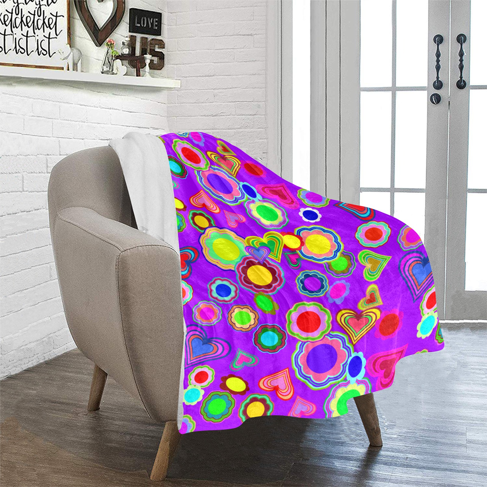 Groovy Hearts and Flowers Purple Ultra-Soft Micro Fleece Blanket 32"x48"
