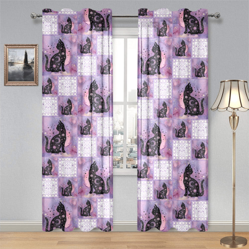Purple Cosmic Cats Patchwork Pattern Gauze Curtain 28"x84" (Two-Piece)