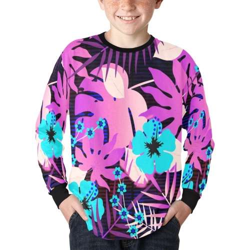 GROOVY FUNK THING FLORAL PURPLE Kids' Rib Cuff Long Sleeve T-shirt (Model T64)
