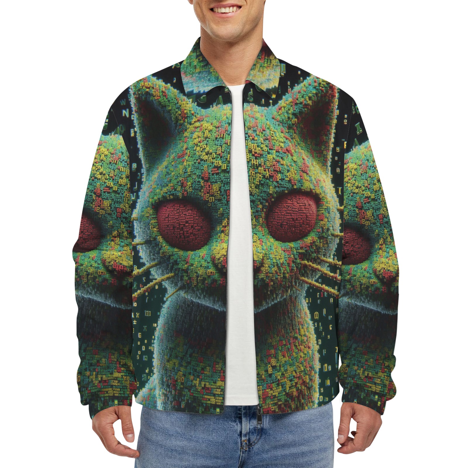 3D cat Men's Turn-Down Collar Jacket (Model H68)