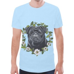 Black Pug on Solid Blue New All Over Print T-shirt for Men (Model T45)