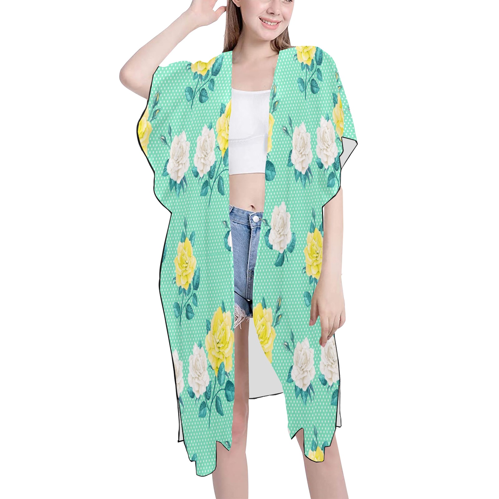 Yellow and White Cabbage Roses on Seafoam Dots Mid-Length Side Slits Chiffon Cover Ups (Model H50)