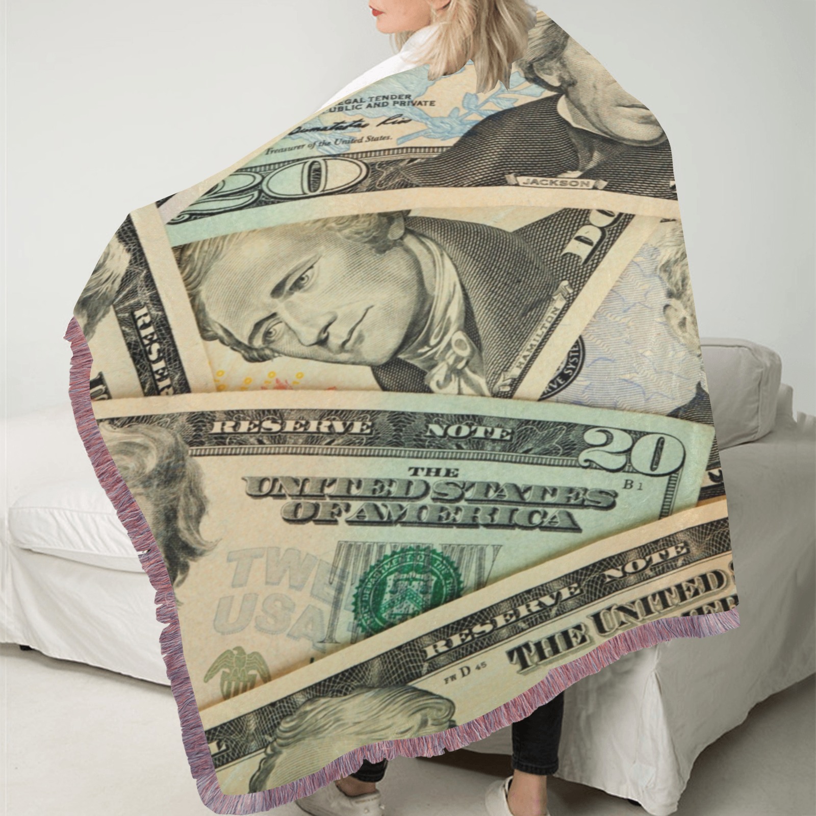 US PAPER CURRENCY Ultra-Soft Fringe Blanket 50"x60" (Mixed Pink)