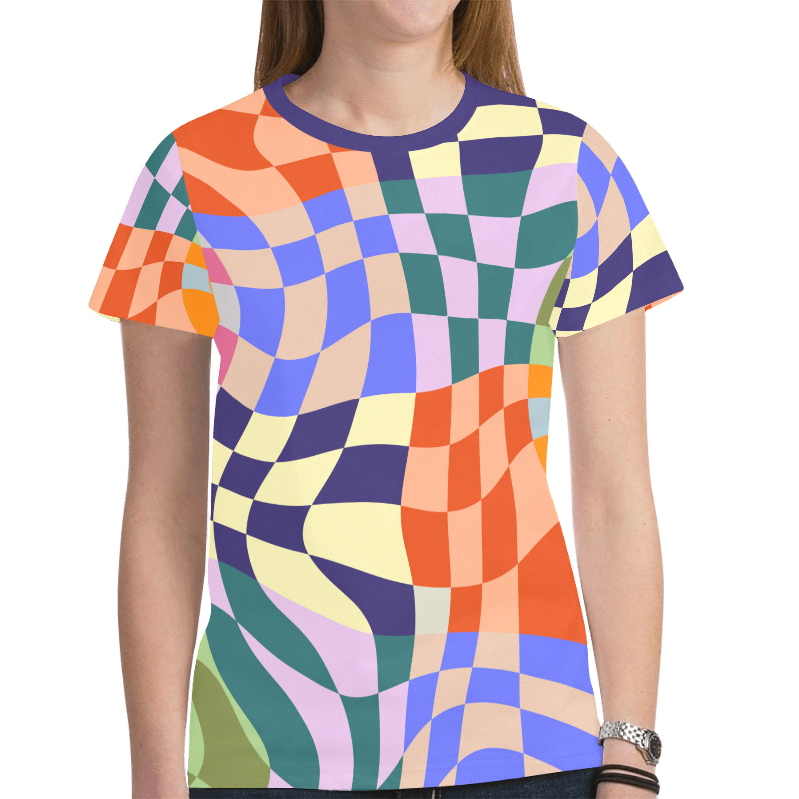 Wavy Groovy Geometric Checkered Retro Abstract Mosaic Pixels New All Over Print T-shirt for Women (Model T45)