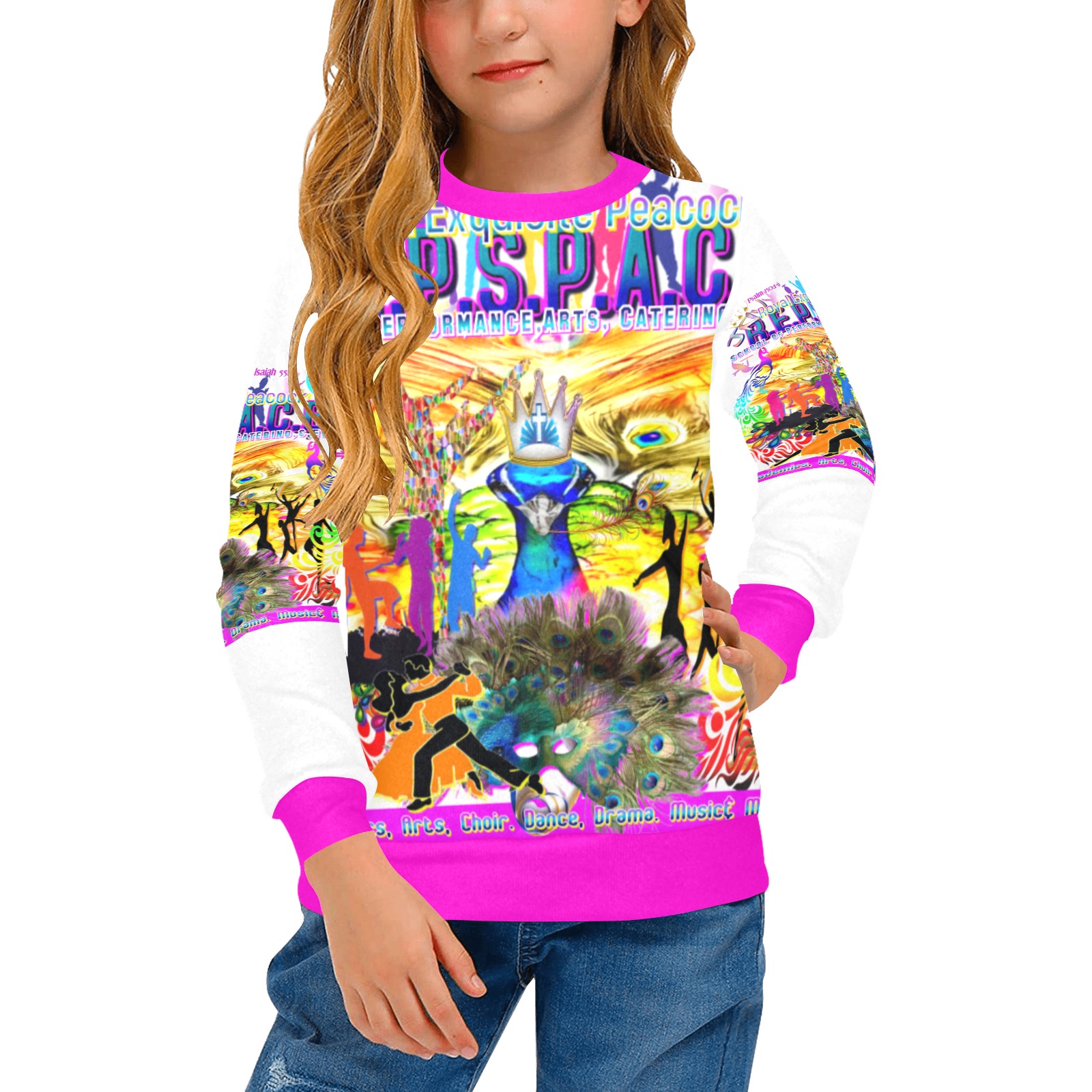JNV REPSPACE COLORFUL Pink kids long sleeve shirt (8) Girls' All Over Print Crew Neck Sweater (Model H49)