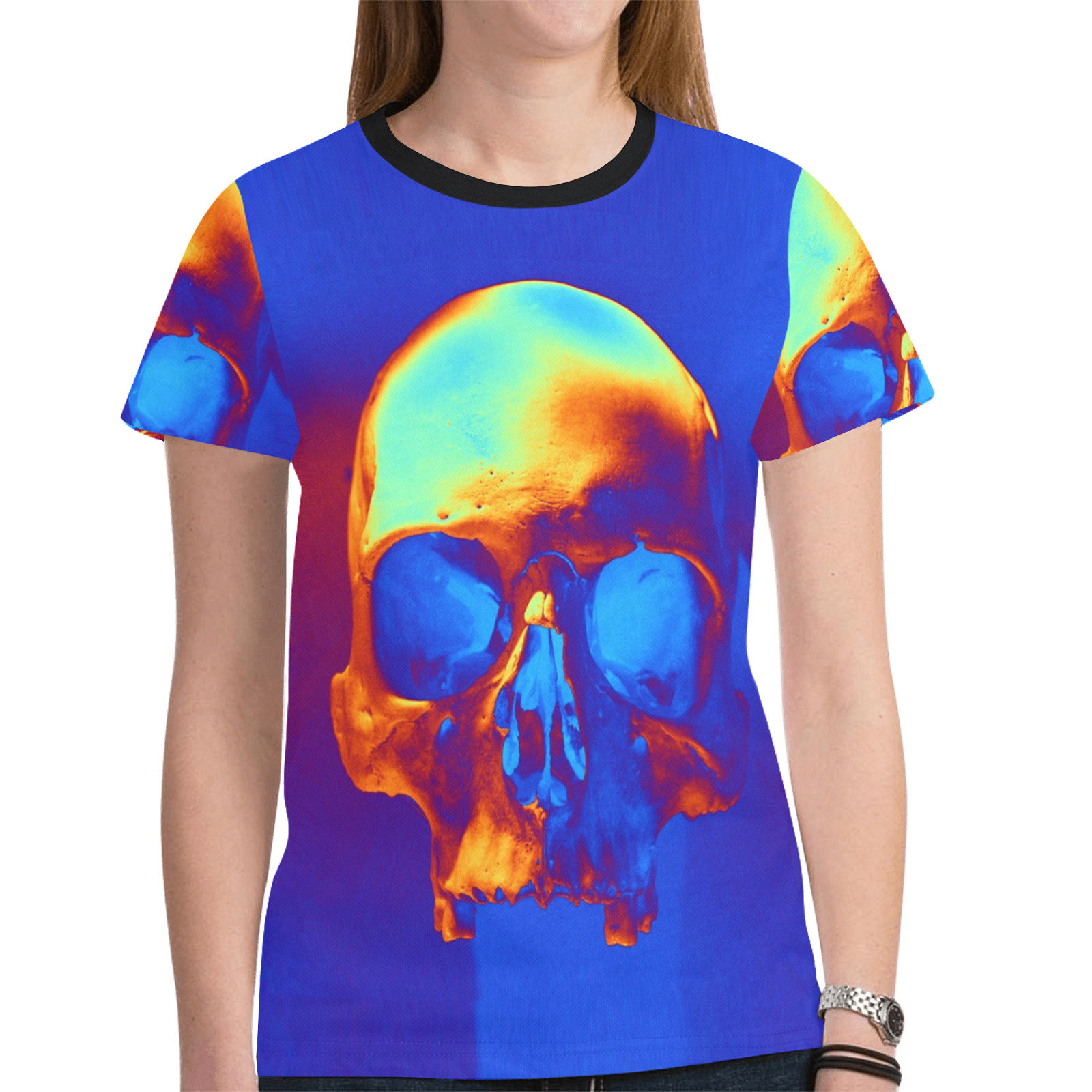 Skull in Blue and Gold New All Over Print T-shirt for Women (Model T45)