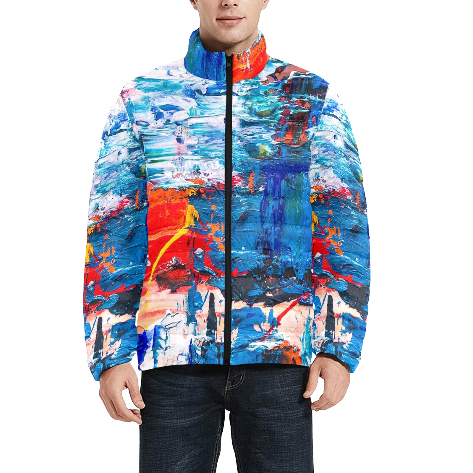 Abstract Brush Stroke Men's Stand Collar Padded Jacket (Model H41)