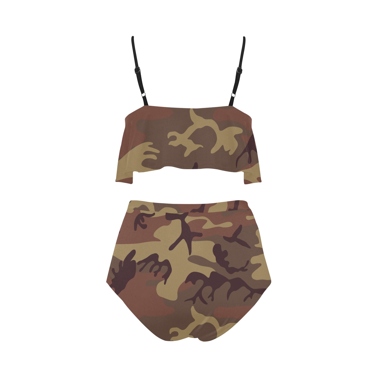 Camo Dark Brown High Waisted Ruffle Bikini Set (Model S13)