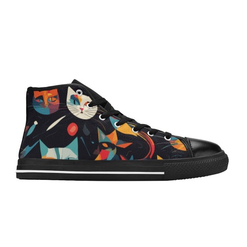 Funny colorful cat faces on black abstract art. Women's Classic High Top Canvas Shoes (Model 017)