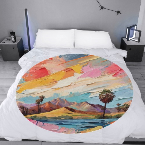 Fantasy oil landscape with mountains and palms. Circular Ultra-Soft Micro Fleece Blanket 60"