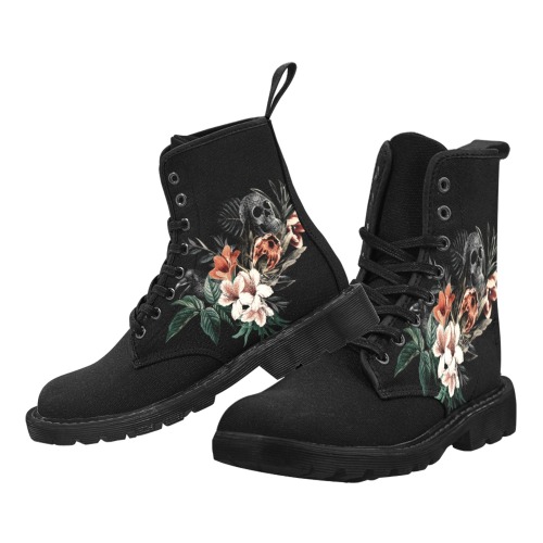 Floral Skull and Crow Martin Boots for Women (Black) (Model 1203H)