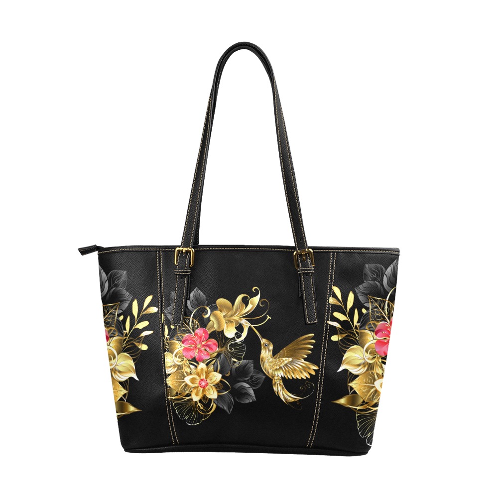 Black and Gold Hummingbird Leather Tote Bag/Large (Model 1640)