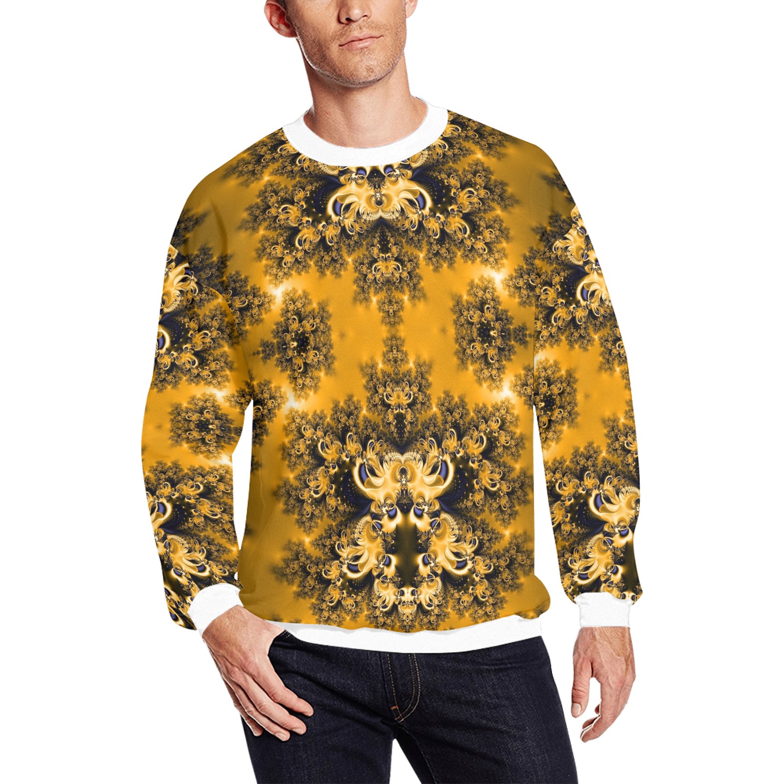 Golden Sun through the Trees Frost Fractal All Over Print Crewneck Sweatshirt for Men (Model H18)