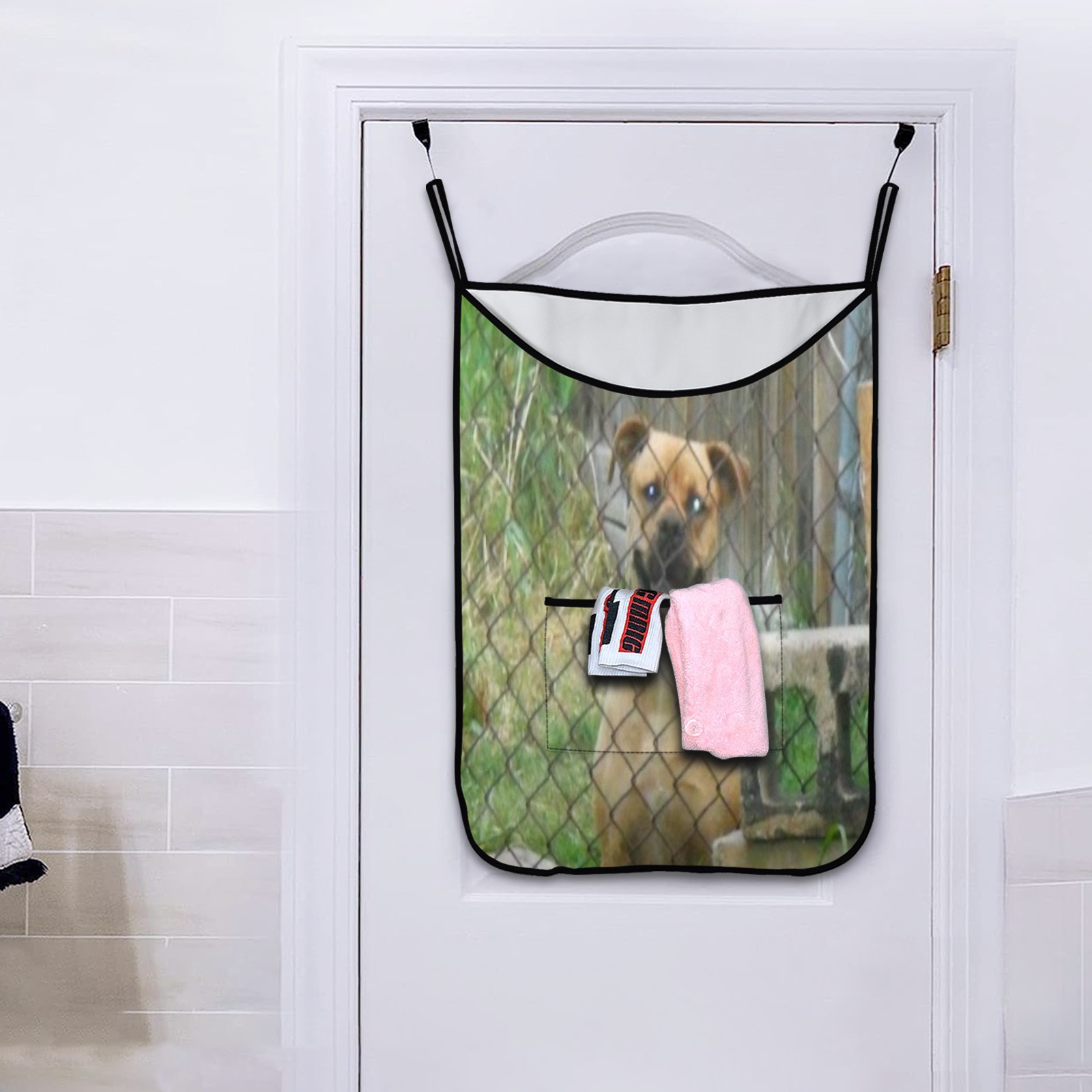 A Smiling Dog Hanging Laundry Bag