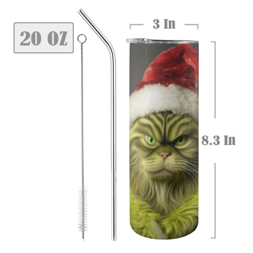Green Grumpy Christmas Kitty 20oz Tall Skinny Tumbler with Lid and Straw