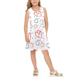 Red and Blue Doodle Hearts on White Bg Girls' Sleeveless Sundress (Model D56)