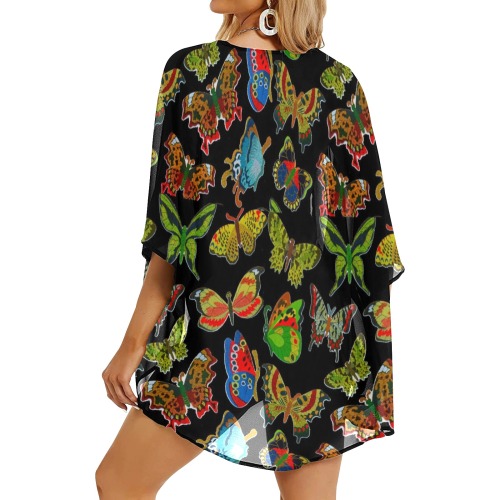Bright Hued Butterflies on a Black Field Women's Kimono Chiffon Cover Ups (Model H51)