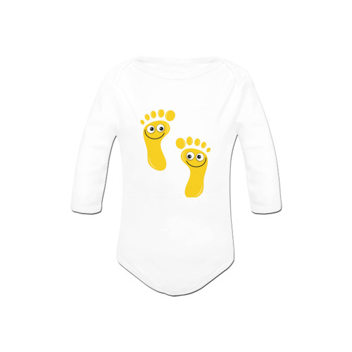 Happy Cartoon Yellow Human Foot Prints Baby Powder Organic Long Sleeve One Piece (Model T27)